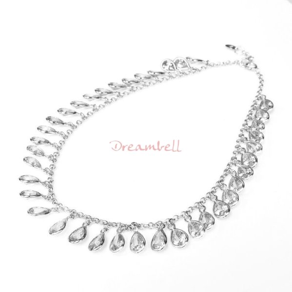 1x Rhodium on Sterling Silver Teardrop Clear CZ Dangle Charm Link Anchor Rolo Cable Round Link Anklet with Extender Spring Clasp 9"