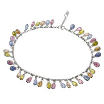 1x Rhodium on Sterling Silver Teardrop Mixed CZ Dangle Charm Link Anchor Rolo Cable Round Link Anklet with Extender Spring Clasp 9″