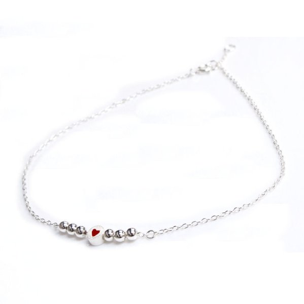 1x Sterling Silver Round Satin w/ Red Enamel Heart Link Rolo Cable Link Anklet w/ Extender Spring Clasp 9"