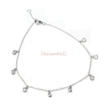 Rhodium on Sterling Silver Round Bridal Wedding Clear CZ Dangle Charm Link Rolo Cable Chain Anklet w/ Extender Lobster Clasp 9″