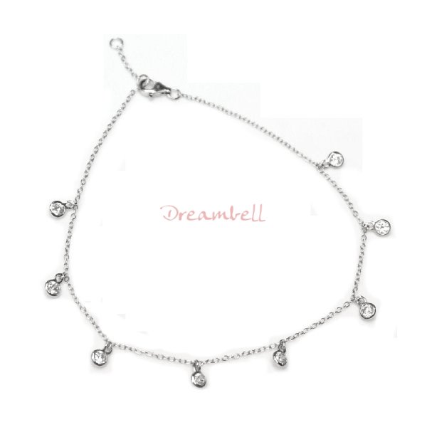 Rhodium on Sterling Silver Round Bridal Wedding Clear CZ Dangle Charm Link Rolo Cable Chain Anklet w/ Extender Lobster Clasp 9"