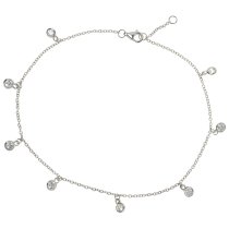 Rhodium on Sterling Silver Round Bridal Wedding Clear CZ Dangle Charm Link Rolo Cable Chain Anklet w/ Extender Lobster Clasp 9"
