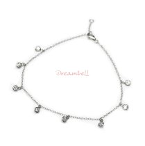 Rhodium on Sterling Silver Round Bridal Wedding Clear CZ Dangle Charm Link Rolo Cable Chain Anklet w/ Extender Lobster Clasp 9"