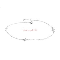 Rhodium on Sterling Silver Flower Cross Clear CZ Charm Link Rolo Cable Chain Anklet w/ Extender Spring Clasp 9″