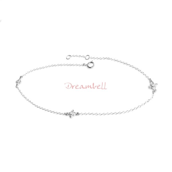 Rhodium on Sterling Silver Flower Cross Clear CZ Charm Link Rolo Cable Chain Anklet w/ Extender Spring Clasp 9"
