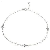 Rhodium on Sterling Silver Flower Cross Clear CZ Charm Link Rolo Cable Chain Anklet w/ Extender Spring Clasp 9"