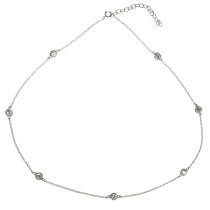 1x Rhodium on Sterling Silver Round Clear CZ Charm Link Rolo Cable Chain Necklace w/ Extender Spring Clasp 14.5"
