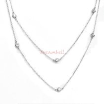 1x Rhodium on Sterling Silver Round Clear CZ Charm Link Rolo Cable Chain Necklace w/ Spring Clasp 36"