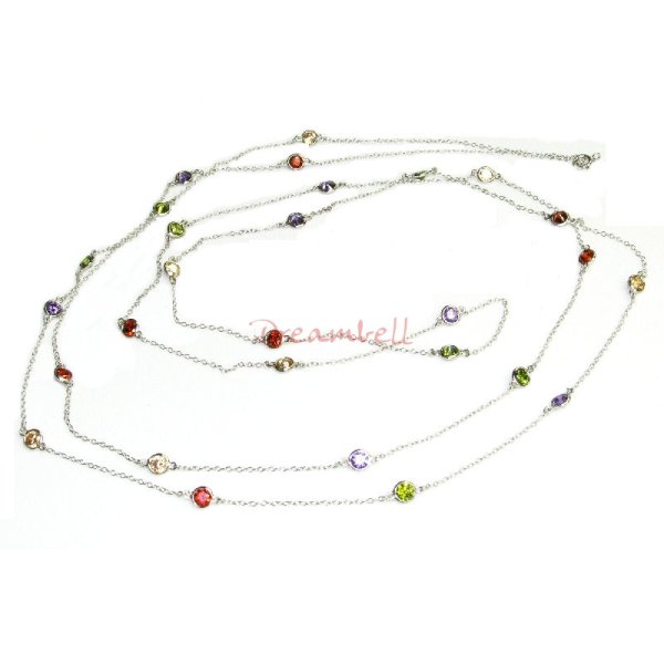 1x Rhodium on Sterling Silver Round Mixed CZ Charm Link Rolo Cable Chain Necklace w/ Spring Clasp 54"