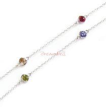 1x Rhodium on Sterling Silver Round Mixed CZ Charm Link Rolo Cable Chain Necklace w/ Spring Clasp 54"