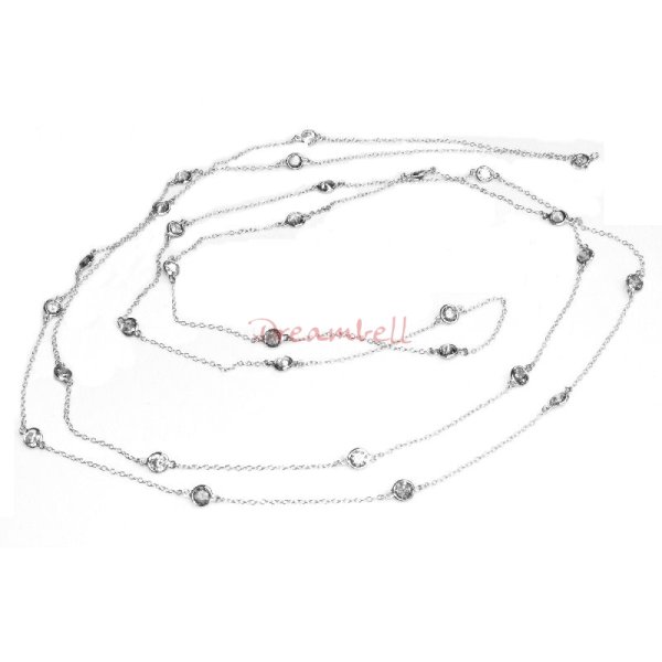 1x Rhodium on Sterling Silver Round Clear CZ Charm Link Rolo Cable Chain Necklace w/ Spring Clasp 54"
