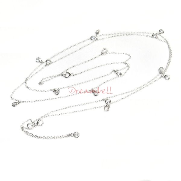 1x Rhodium on Sterling Silver Round Clear CZ Charm Link Rolo Cable Chain Necklace w/ Spring Clasp 40"