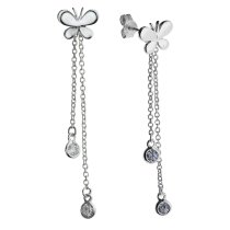2x Sterling Silver Butterfly Chains and Round Clear CZ Dangle Charm Earring Posts