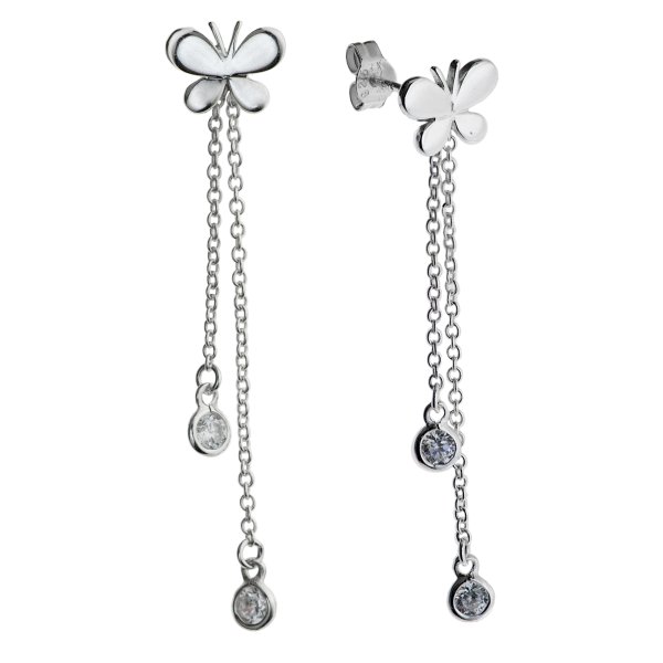 2x Sterling Silver Butterfly Chains and Round Clear CZ Dangle Charm Earring Posts