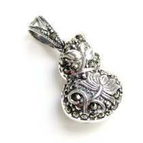 1x Antique 925 Sterling Silver Marcasite Feng Shui Calabash Gourds Lotus Flower Dangle Charm Pendant w/ Bail Clasp