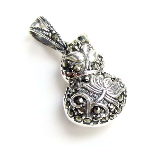 1x Antique 925 Sterling Silver Marcasite Feng Shui Calabash Gourds Lotus Flower Dangle Charm Pendant w/ Bail Clasp