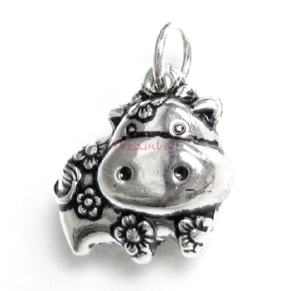 1x Antique 925 Sterling Silver Chinese Zodiac Ox Dangle Charm Pendant