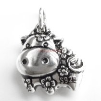 1x Antique 925 Sterling Silver Chinese Zodiac Ox Dangle Charm Pendant