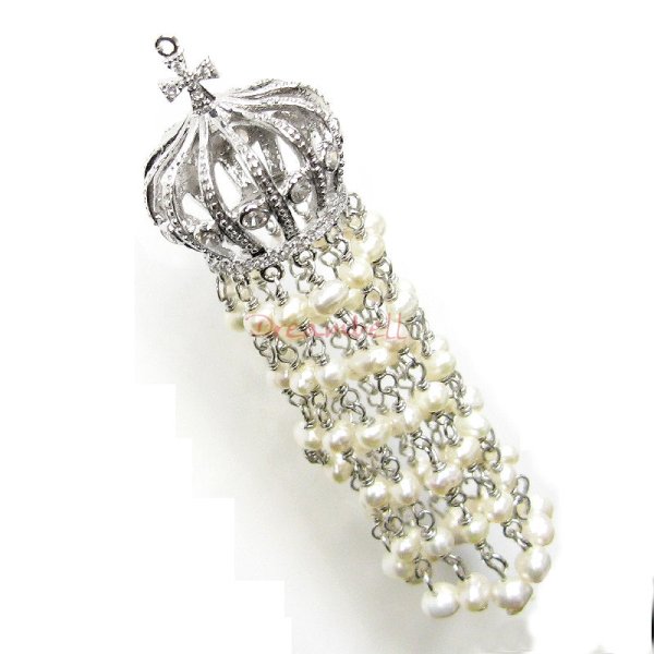 Sterling Silver Clear CZ King Crown White Round Fresh Water Pearl Dangle Tassel Charm Pendant