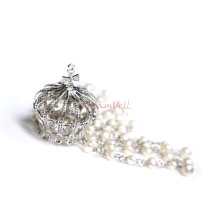Sterling Silver Clear CZ King Crown White Round Fresh Water Pearl Dangle Tassel Charm Pendant