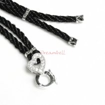 1x Rhodium on Sterling Silver 2mm Black Silk Braided Cord Adjustable Necklace Heart CZ Interchangeable Bail Clasp with 1 Strand Knot 30″