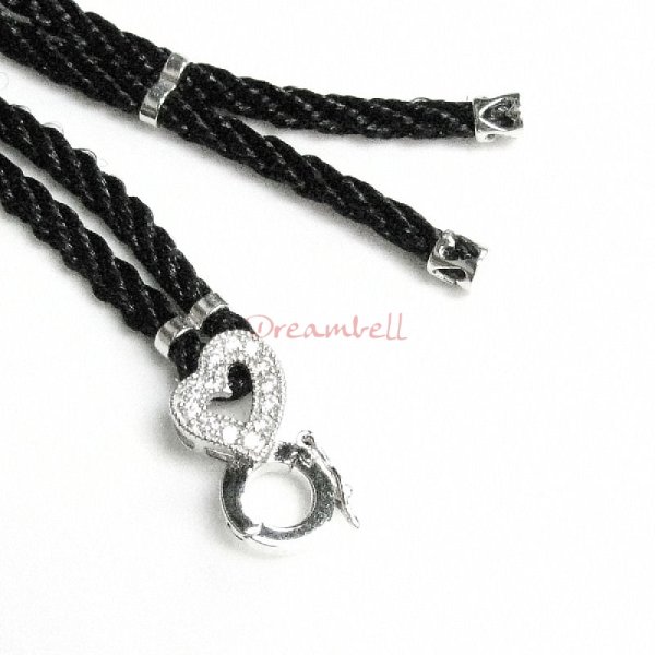 1x Rhodium on Sterling Silver 2mm Black Silk Braided Cord Adjustable Necklace Heart CZ Interchangeable Bail Clasp with 1 Strand Knot 30"