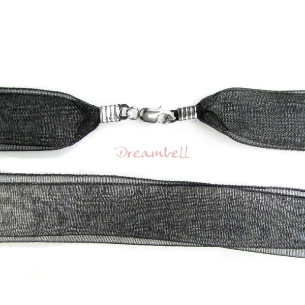 1x Rhodium on Sterling Silver Black 1/2" Ribbon 2-layer Choker Necklace 18" w/ Lobster Clasp