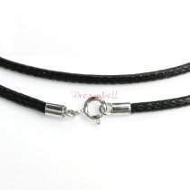 1x Rhodium on Sterling Silver Black 1mm Waxed Cotton Bead Stringing Cord Choker Necklace 18" w/ Spring Ring