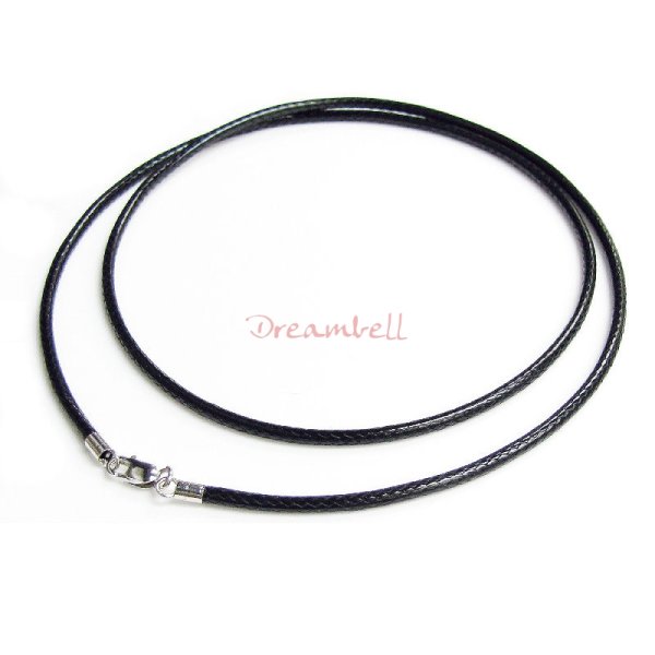 1x Rhodium on Sterling Silver Black 2mm Waxed Cotton Bead Stringing Cord Necklace 20" w/ Lobster Clasp