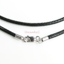 1x Rhodium on Sterling Silver Black 2mm Waxed Cotton Bead Stringing Cord Necklace 20" w/ Lobster Clasp