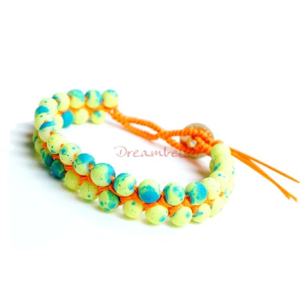 1x Button Fluorescent Yellow and Green Acrylic Bead Friendship Wristband Adjustable Bracelet 7"