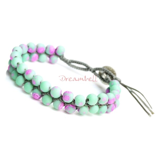 1x Button Fluorescent Pink and Mint Acrylic Bead Friendship Knotted Wristband Adjustable Bracelet 7"