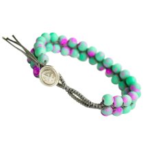 1x Button Fluorescent Pink and Mint Acrylic Bead Friendship Knotted Wristband Adjustable Bracelet 7"
