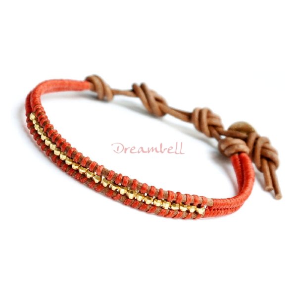 1x Button Metal 2 Strings Waxed Cotton Red Knotted Wristband Adjustable Bracelet 7"