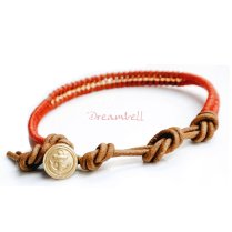 1x Button Metal 2 Strings Waxed Cotton Red Knotted Wristband Adjustable Bracelet 7"