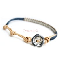 1x Button Metal 2 Strings Waxed Cotton Dark Blue Knotted Wristband Adjustable Bracelet 7"