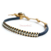 1x Button Metal 2 Strings Waxed Cotton Dark Blue Knotted Wristband Adjustable Bracelet 7″