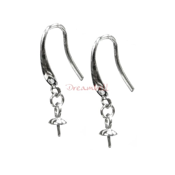 2x Rhodium on Sterling Silver Eye Pins w/ 3.5mm Cup Pearl Pendant Connector Bail Dangle French Hook Earwire Earring