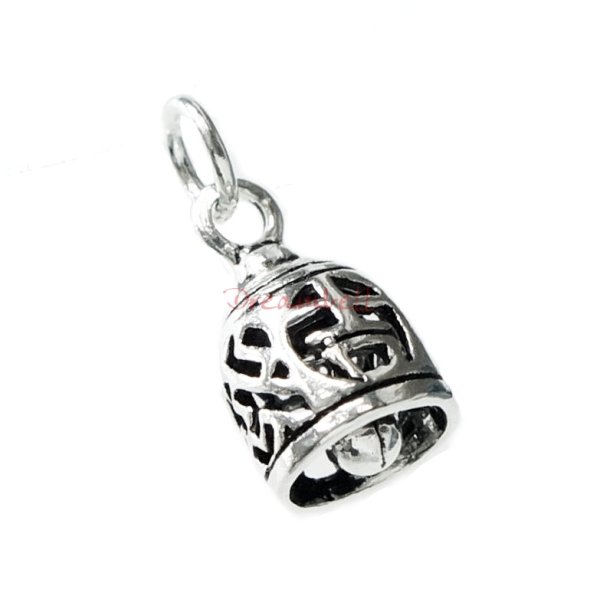 1 x Antique 925 Sterling Silver Chinese Words Lucky and Fortune Jingle Bell Dangle Charm Pendant