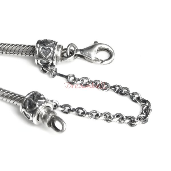 Antique 925 Sterling Silver Hearts Stopper Safety Chain Bead for European Charm Bracelets