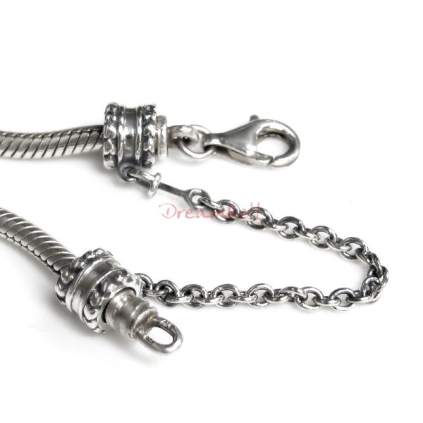 Antique 925 Sterling Silver Hearts Stopper Safety Chain Bead for European Charm Bracelets
