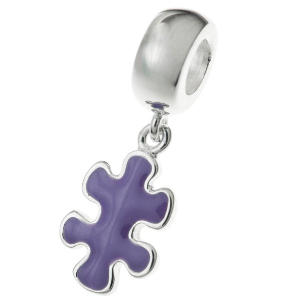 Sterling Silver Autism Jigsaw Puzzle Purple Enamel Dangle Awareness Bead for European Charm Bracelets
