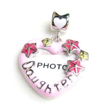 Rhodium on 925 Sterling Silver Lovely Heart Daughter Picture Frame Enamel Bead for European Charm Bracelets