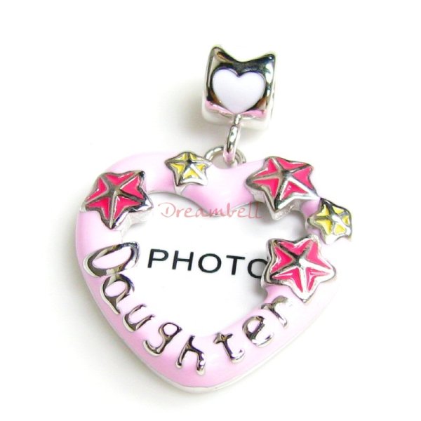 Rhodium on 925 Sterling Silver Lovely Heart Daughter Picture Frame Enamel Bead for European Charm Bracelets
