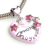 Rhodium on 925 Sterling Silver Lovely Heart Daughter Picture Frame Enamel Bead for European Charm Bracelets