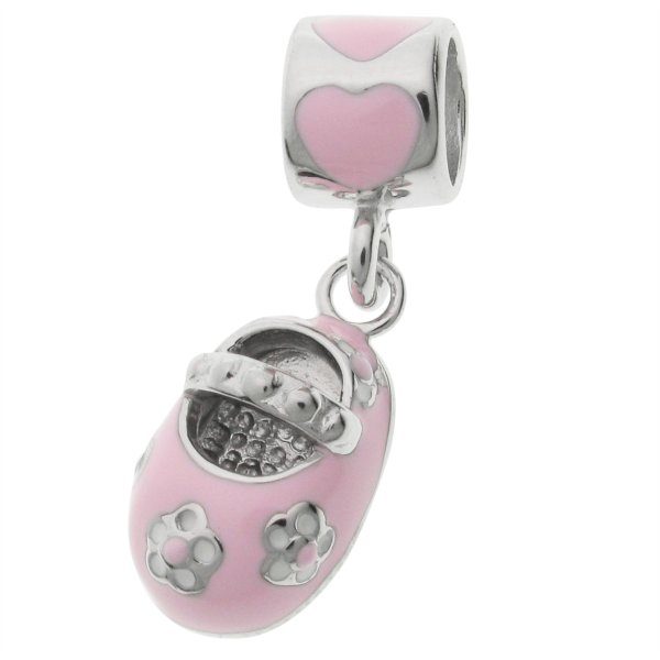 Sterling Silver Lovely Little Baby Girl Shoe Pink Rose Enamel Bead for European Charm Bracelets