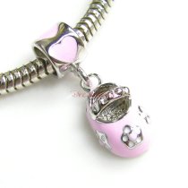 Sterling Silver Lovely Little Baby Girl Shoe Pink Rose Enamel Bead for European Charm Bracelets