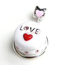 Rhodium on Sterling Silver Birthday Cake w/ Red Heart Pink Rose CZ Enamel Bead for European Charm Bracelets