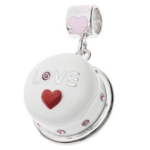 Rhodium on Sterling Silver Birthday Cake w/ Red Heart Pink Rose CZ Enamel Bead for European Charm Bracelets