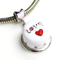 Rhodium on Sterling Silver Birthday Cake w/ Red Heart Pink Rose CZ Enamel Bead for European Charm Bracelets